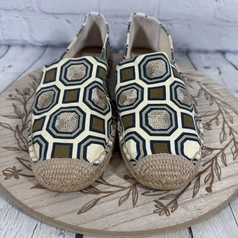 Tory Burch Espadrille Flats Size 11 Blue Gold Geometric Sequin Canvas Slip On